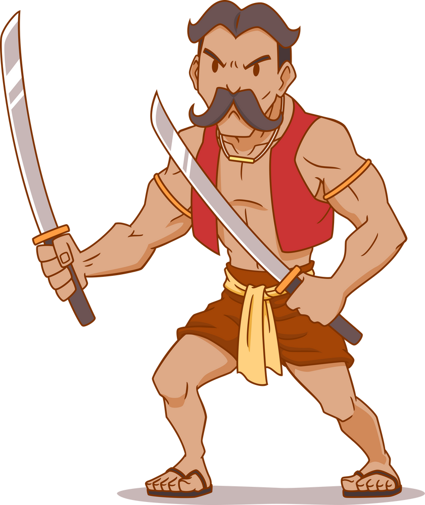 Cartoon Thai ancient warrior holding double swords.